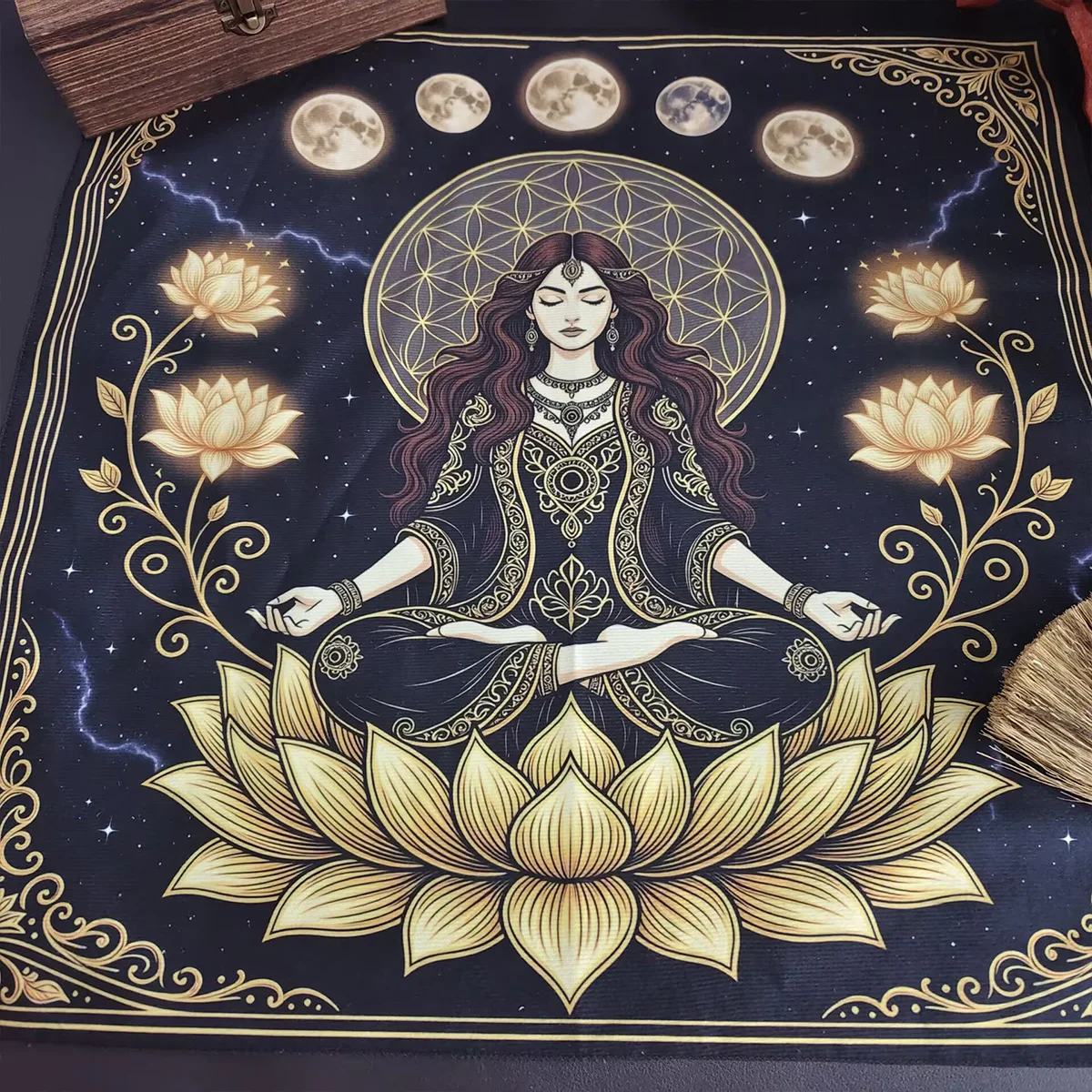 Mystical Moon Phase & Cosmic Goddess Tarot Tablecloth Golden Lotus & Chakra Altar Cloth For Decor Spiritual Oracle Card Pad