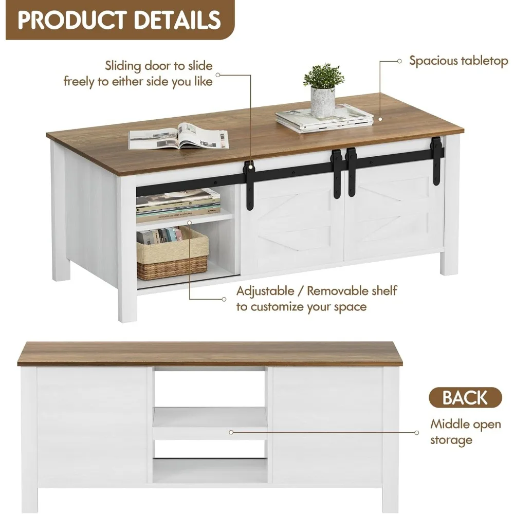 Farmhouse Coffee Table with Storage & Sliding Barn Doors, Modern Rustic Living Room Table with Adjustable Shelves