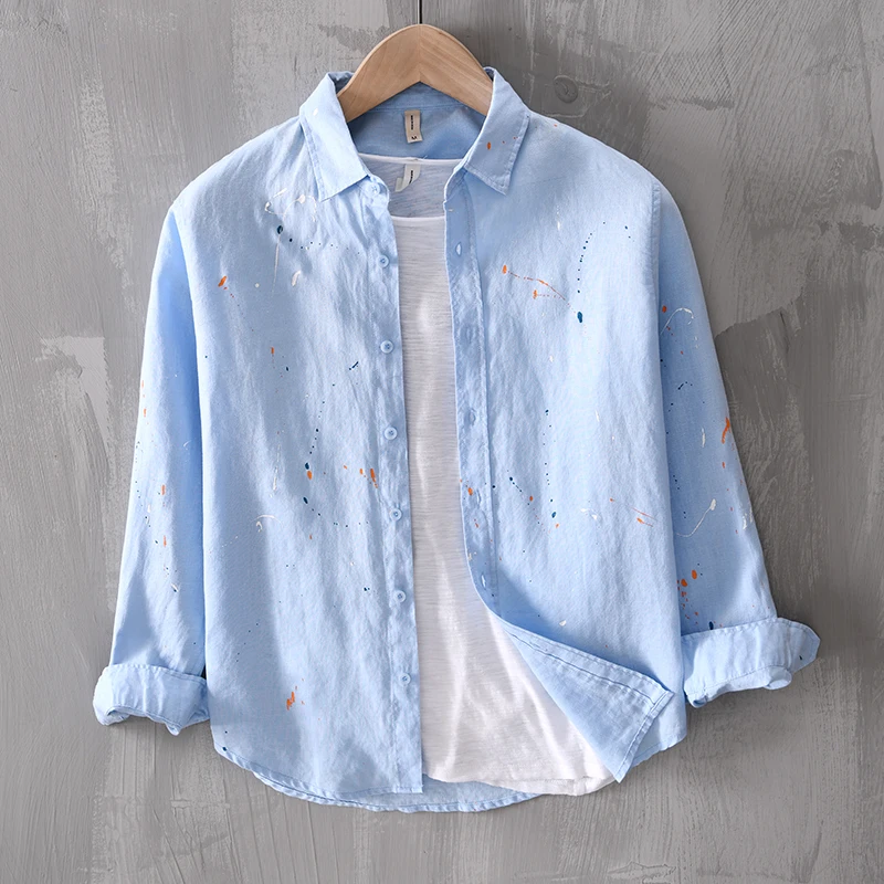 Designer New Long Sleeve Casual 100% Linen Shirt Men Brand Trend Painting Color Comfortable Top Clothing Chemise Homme Camisas