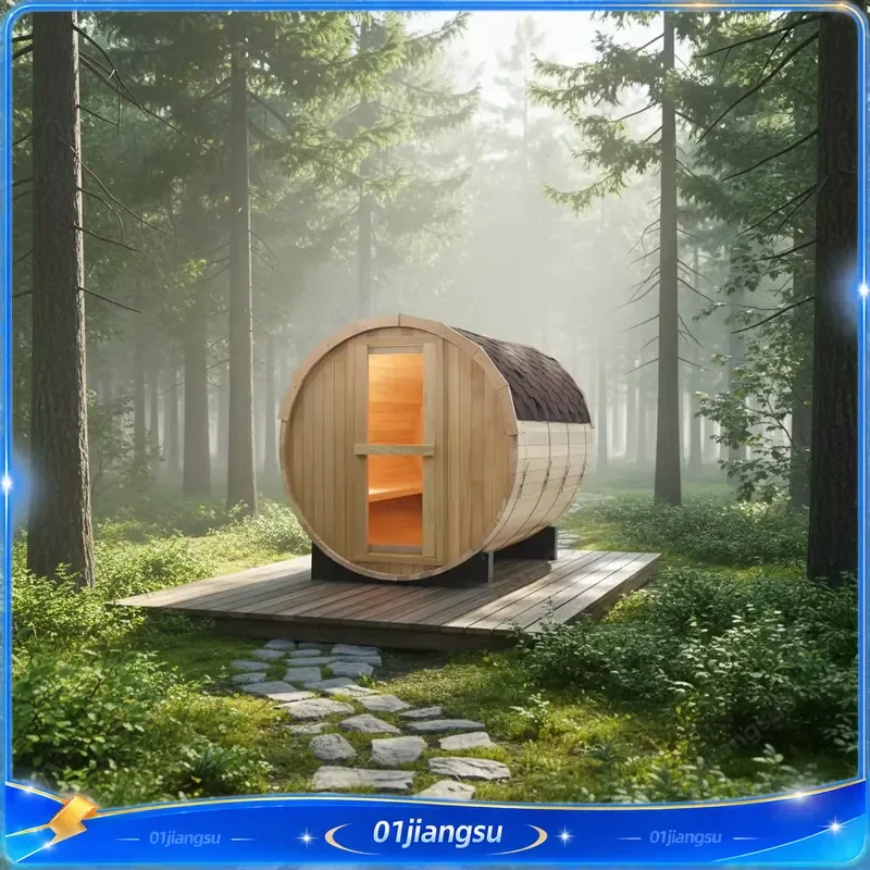 1800x2400mm Canadian Red Cedar Wood Barrel Sauna Kit Outdoor Dry Traditional Steam Room with Roof Home Spa Wellness Equipment