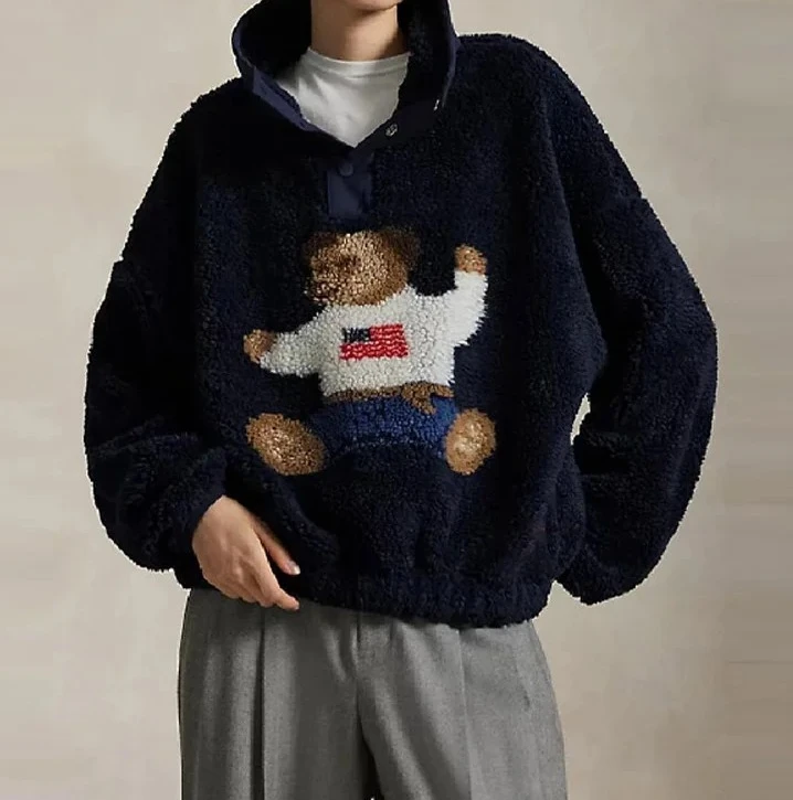 

Autumn Winter Soft Cartoon Bear Lamb Jacket For Women Stand Neck Long Sleeve Loose Coat New Lady Warm Thick Outwears