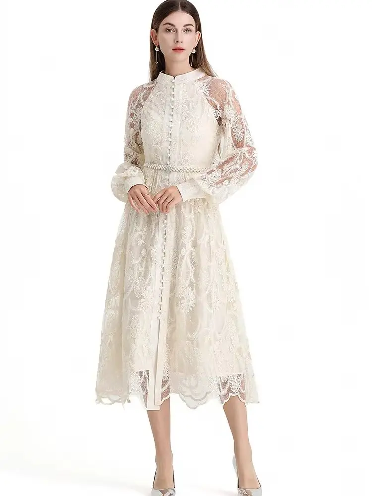 

High-End Women's V-neck Lace Embroidery Dress Lantern Sleeve Single-Breasted French Style for Party Birthday Spring Autumn