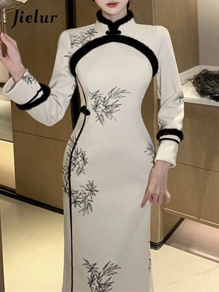 Jielur Chinese Style Stand Neck Printed Women Dresses Long Sleeve Fashion Chic Buttons Spell Color Fashion Female Evening Dress