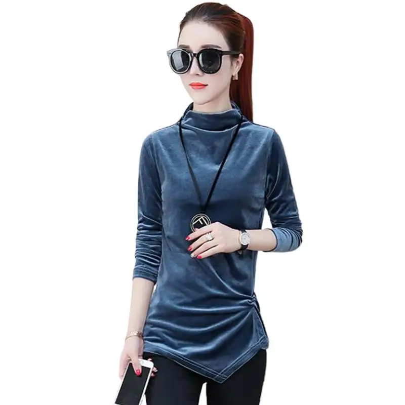 

Winter Autumn Thick Warm Women Elegant velvet Blouses Shirts Lady Casual Turtleneck Asymmetry velour Blusas To