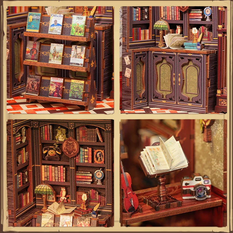 CUTEBEE-Kit de libros de madera en miniatura, casa de muñecas con luces, inserto de estantería, rompecabezas 3D, modelo de decoración para regalos, librería de búho