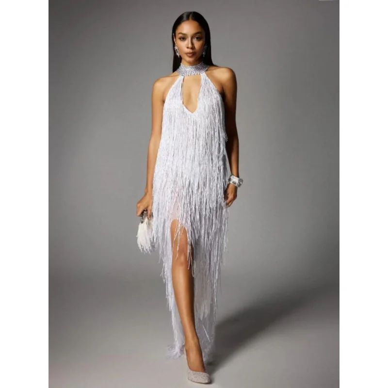 New Arrival Ladies Sexy Low-cut High Split Sleeveless Tassel Dress European and American fashion Party Dinner Dress