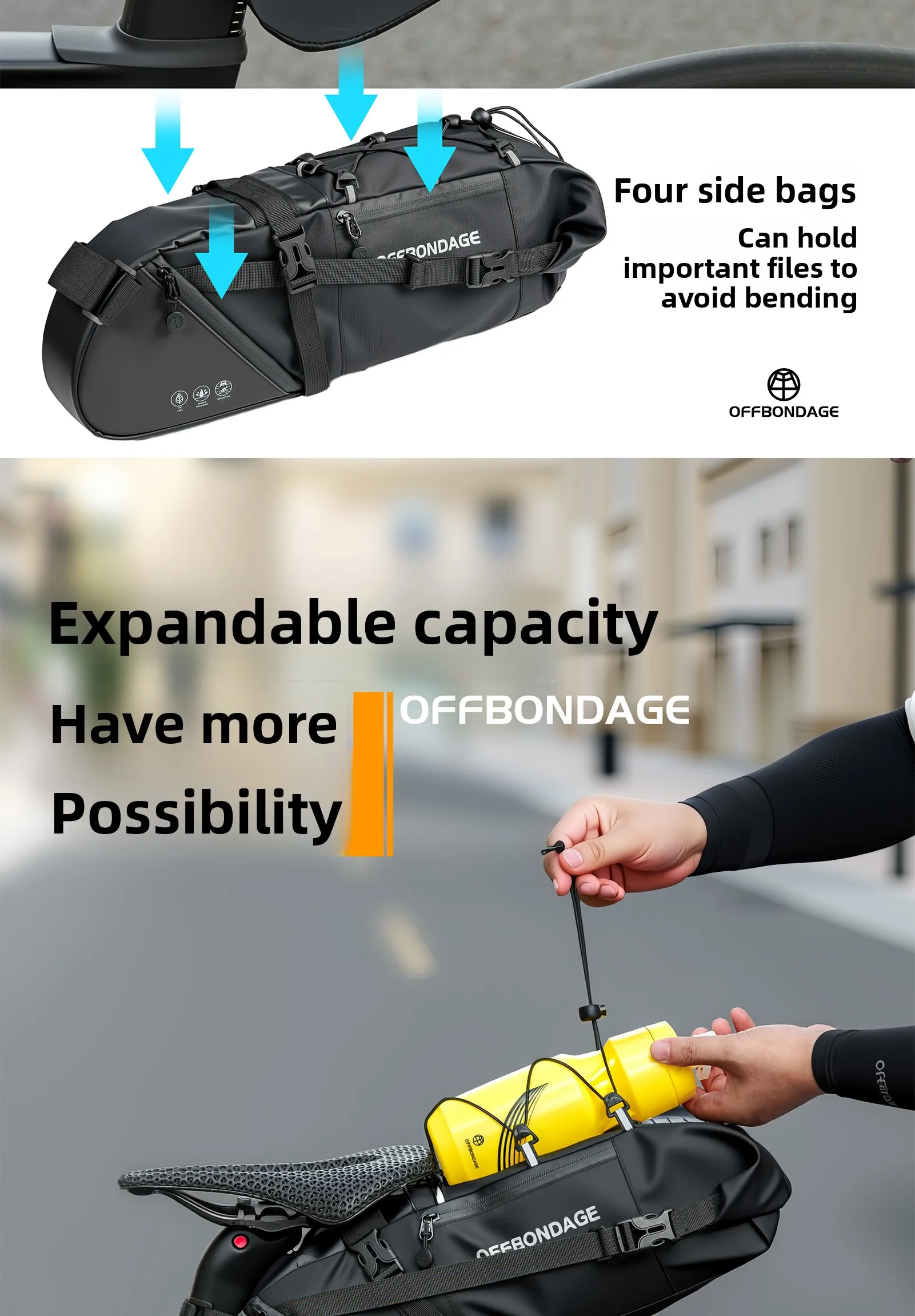 OFFBONDAGE 12L wasserdichte Fahrradsatteltasche, erweiterbare Fahrradtasche unter dem Sitz, Fahrrad-Aufbewahrungstasche hinten mit Kielsupport, reflektierend für MTB-Rennräder – Detail 4