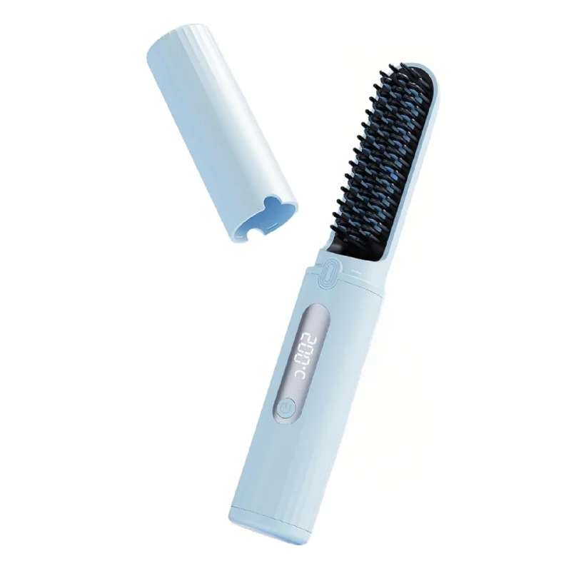 

Mini Portable Wireless Charging Hair Straightening Brush With Ionic Anti-Frizz Coating Comb