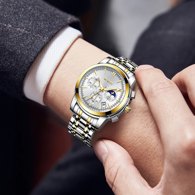 Dom 7508นาฬิกาควอทซ์ผู้ชายนาฬิกาเป็นทางการสุดหรูสีเงินกันน้ำนาฬิกาข้อมือสำหรับผู้ชายลายดวงดาวบนท้องฟ้า