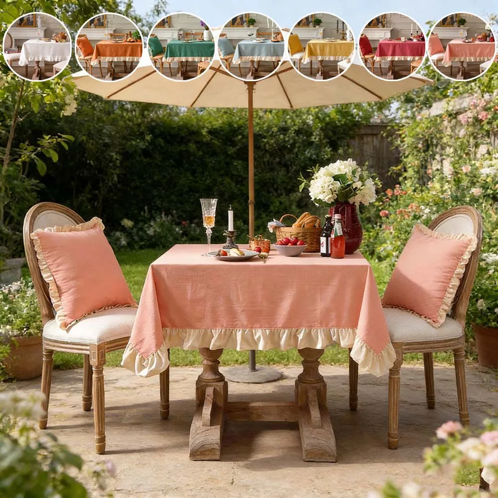 

Farmhouse Ruffle Trim Tablecloth Rectangular Stain Resistant Dinner Table Covers for Kitchen Dining Room Home Wedding Holiday