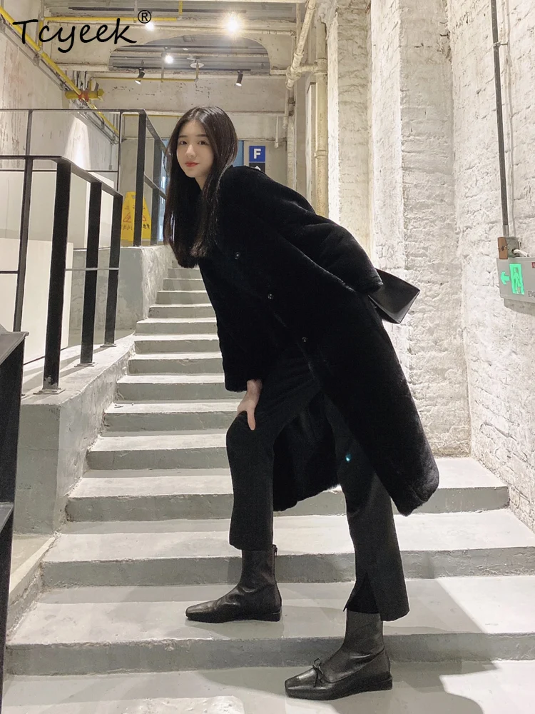 Tcyeek Prawdziwa Wełna Jesień Zima Ekskluzywny Modny Futro Zintegrowane Jednolity Kolor Średniej Długości Damski Wełniany Płaszcz Futrzany Fourrures Femme