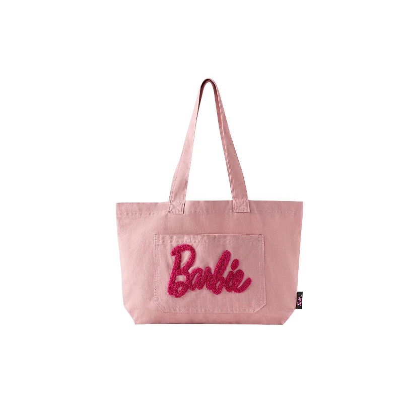 Barbie Canvas Bags Women Tote Bag Cartoon Reusable Shopping Bag Large Capacity Storage Bag Embroidery Female Shoulder Handbag