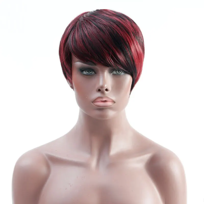 Short Pixie Cuts Hair Wigs for Black Women,Synthetic  Short Pixie Cut Wigs Black and red Mix Hair Wig Short Haircuts