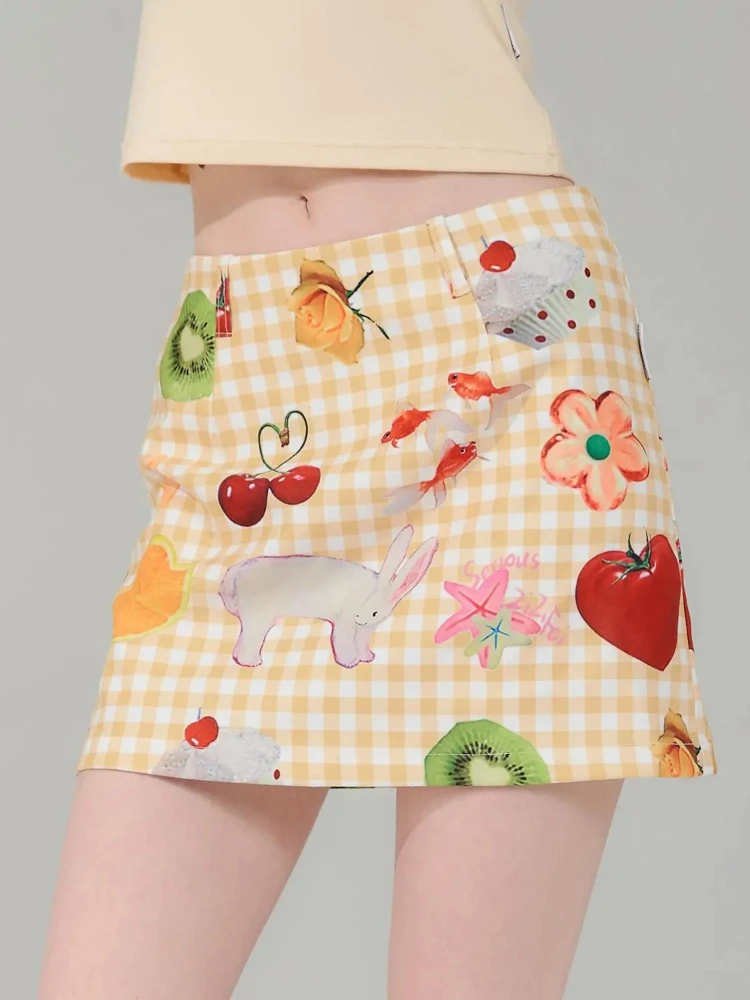 2025 Summer Fruit Printed Y2k Skirt Women Yellow High Waist Slim Fit Mini Skirts Hotsweet Street Falda Aesthetic