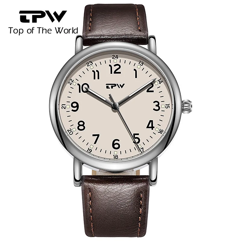 Reloj clásico con correa de cuero para hombre, correa marrón, fácil lectura, digitales árabes, 40MM, reloj de pulsera para hombre, reloj de negocios luminoso resistente al agua