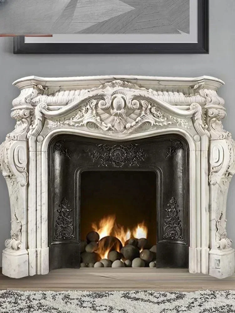 cqyMarble Fireplace French Living Room Stone Fireplace Decorative Cabinet White Marble Stone Carving Fireplace decoration