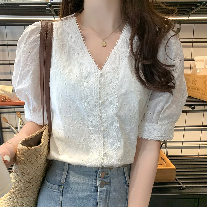 

Korean Chic White Flower Embroidery Women Blouses New Summer Fashion V-neck Bubble Short Sleeve Shirts Ladies Elegant Tops