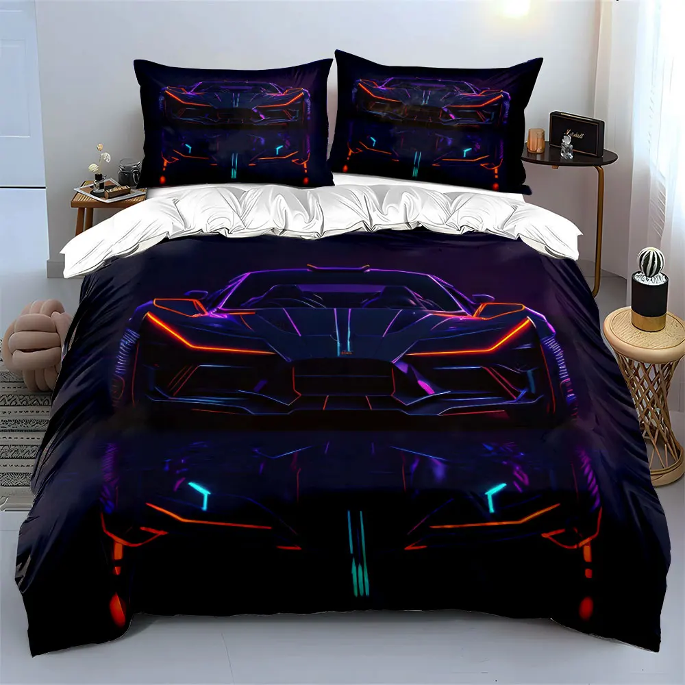 Cyberpunk Neon Futuristic Hypercar Bedding Set,Dark Night Glow Sports Car Reflection Print Duvet Set,Cool 3pc For Racing Fans