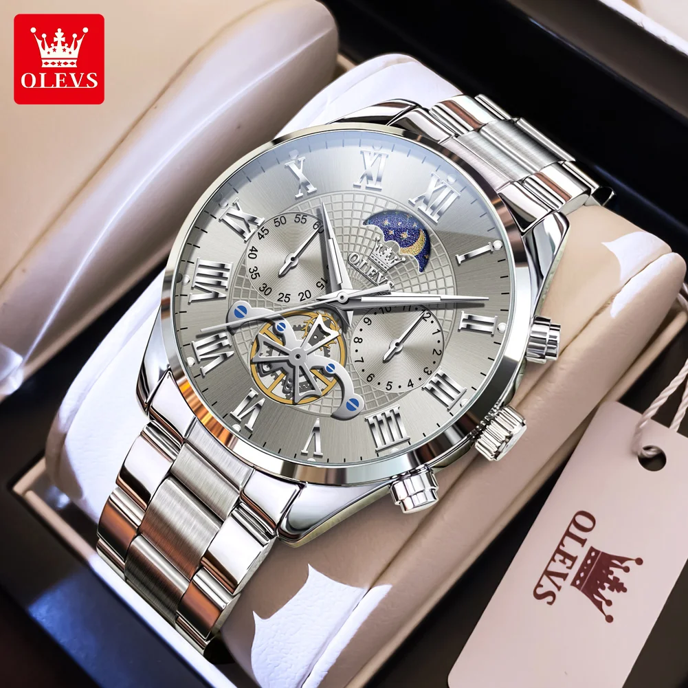 

OLEVS Mens Watch Simple Original Brand Multifunctional Chronograph Moon Phase Quartz Watch Waterproof Tourbillon Watch For Men