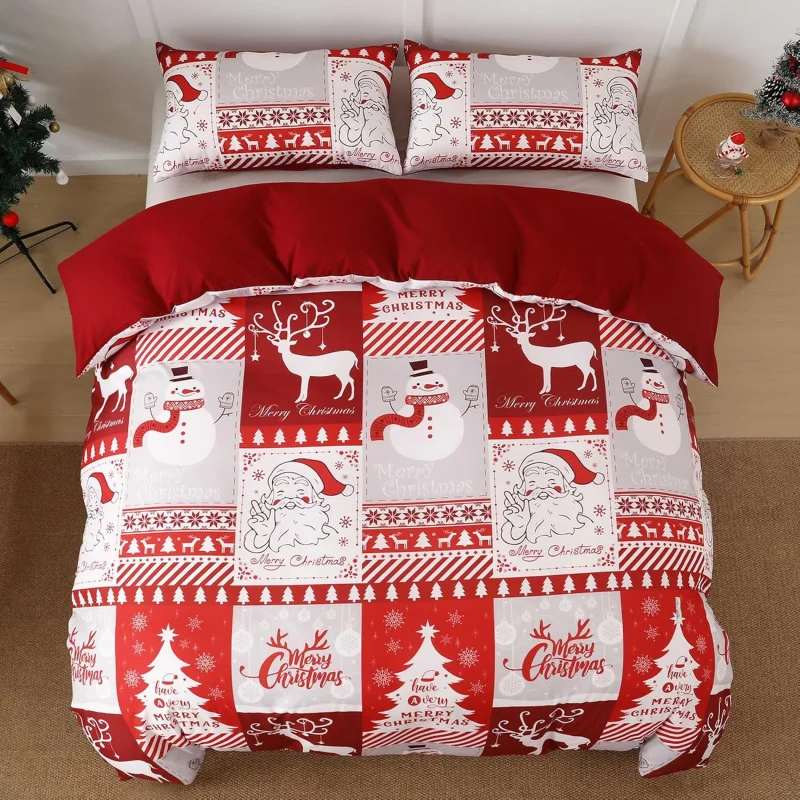 Christmas 3-piece set of festive reindeer pattern quilt covers with zippers, including 2 pillowcases