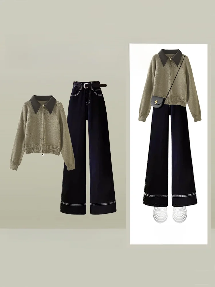 

American Workwear Sle Women's Vintage Design Zipper Knitted Open Cardigan Wide Leg Jeans Two Piece Set Winter Faion