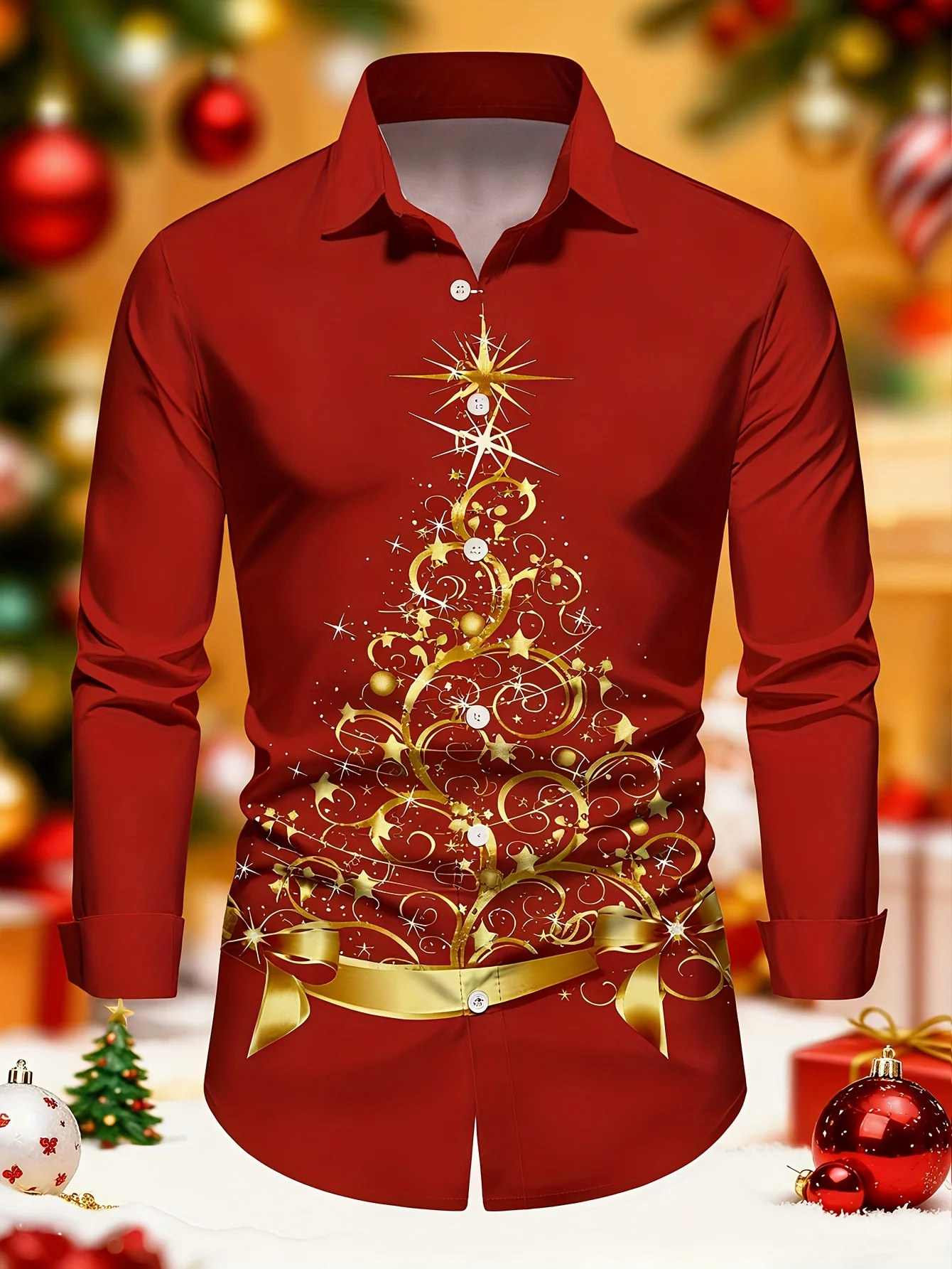 Men Long Sleeve Button Down Shirt Red Golden Christmas Tree Star Print Polyester Lapel Collar Holiday
