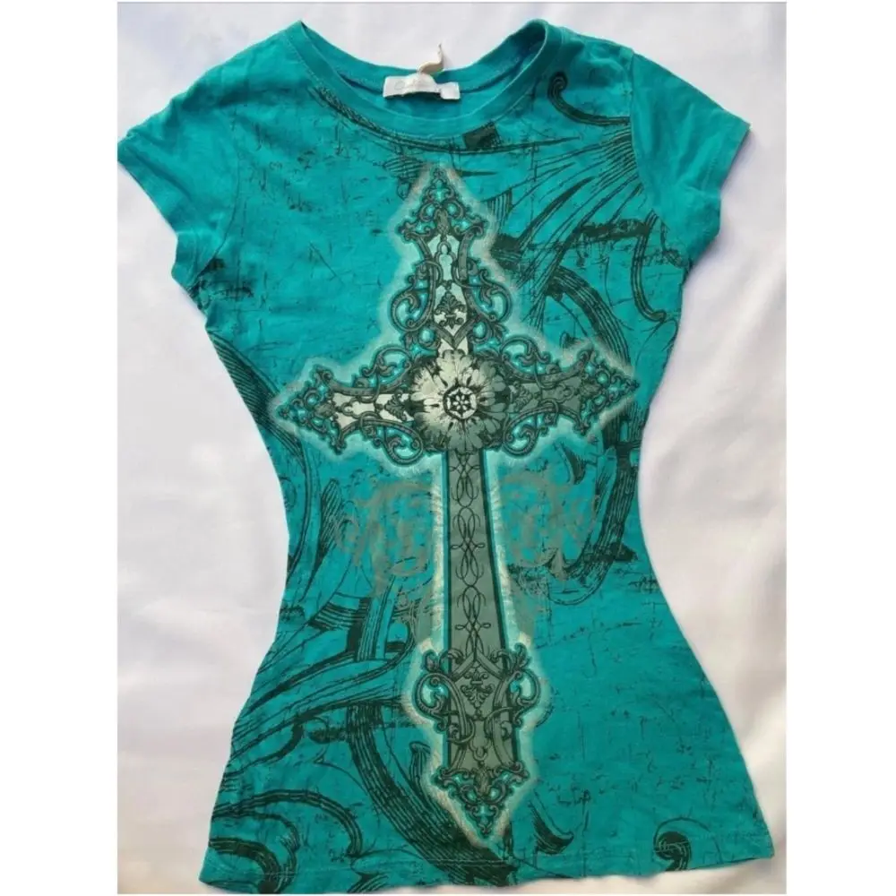 y2k T-Shirt Kreuzdruck Goth Frau Kleidung Punk Kurzarm Slim Vintage Japan 2000er Jahre Harajuku O-Ausschnitt Emo Crop Top Grunge Sommer