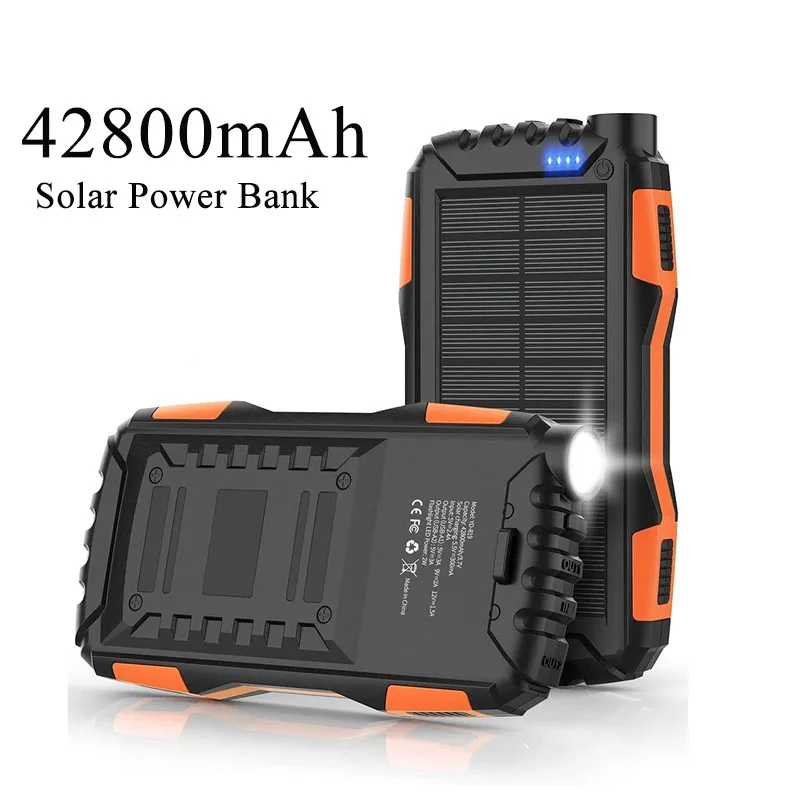

Solar Power Bank 42800mAh Portable Charger Powerbank External Battery Pack with LED Camping Light for iPhone 16 Xiaomi Samsung