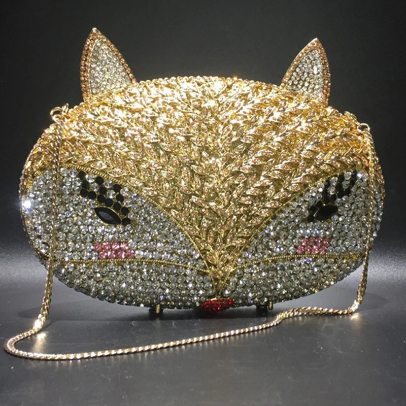 WHTUOHENG Luxury Fox Head Rhinestone Evenin Clutches Party Prom Lady Handbags Diamond Banquet Dinner Purses Girls Crystal Bags