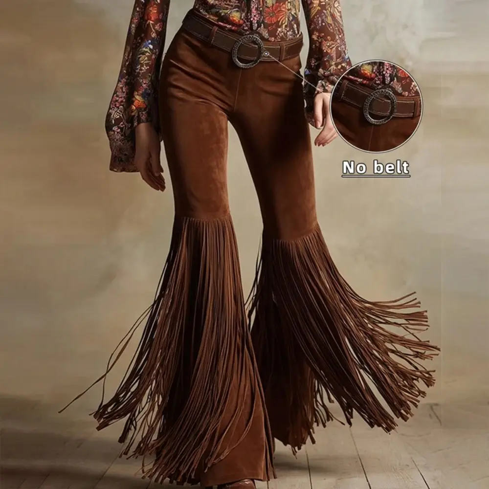 Solid Color Suede Tassel Pants Fringe Hem Splicing Design Retro High Waist Trousers Streetwear Boho Style Slim Fit Flare Pants