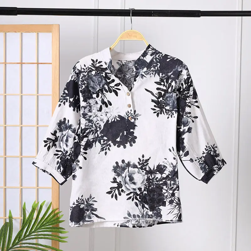 Fashion Vintage Folk Printed Shirt 2023 Summer Loose Half Sleeve Female Clothing Casual V-Neck Button Commute All-match Blouse