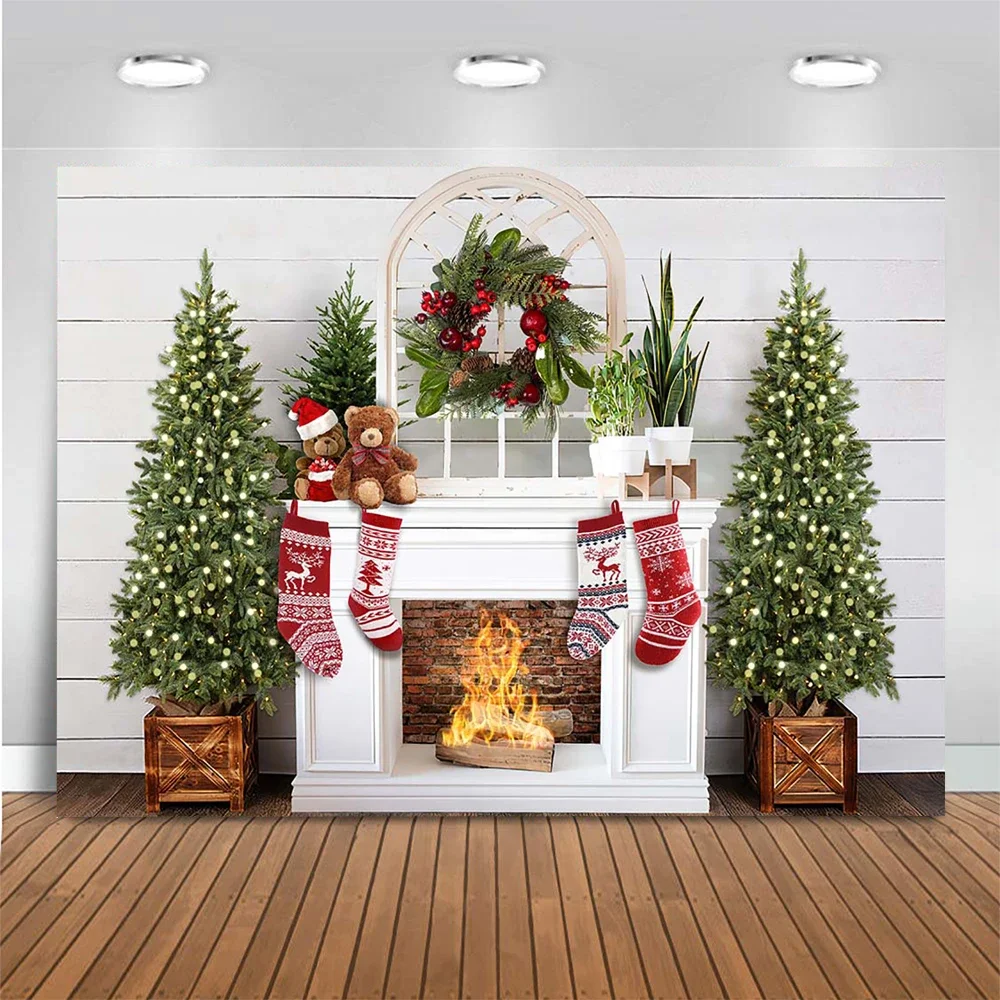 Рождественский фон для камина, детская фотосессия, деревянная стена, зимние деревья, фон, венок, Санта-Клаус, носки, детская фотостудия