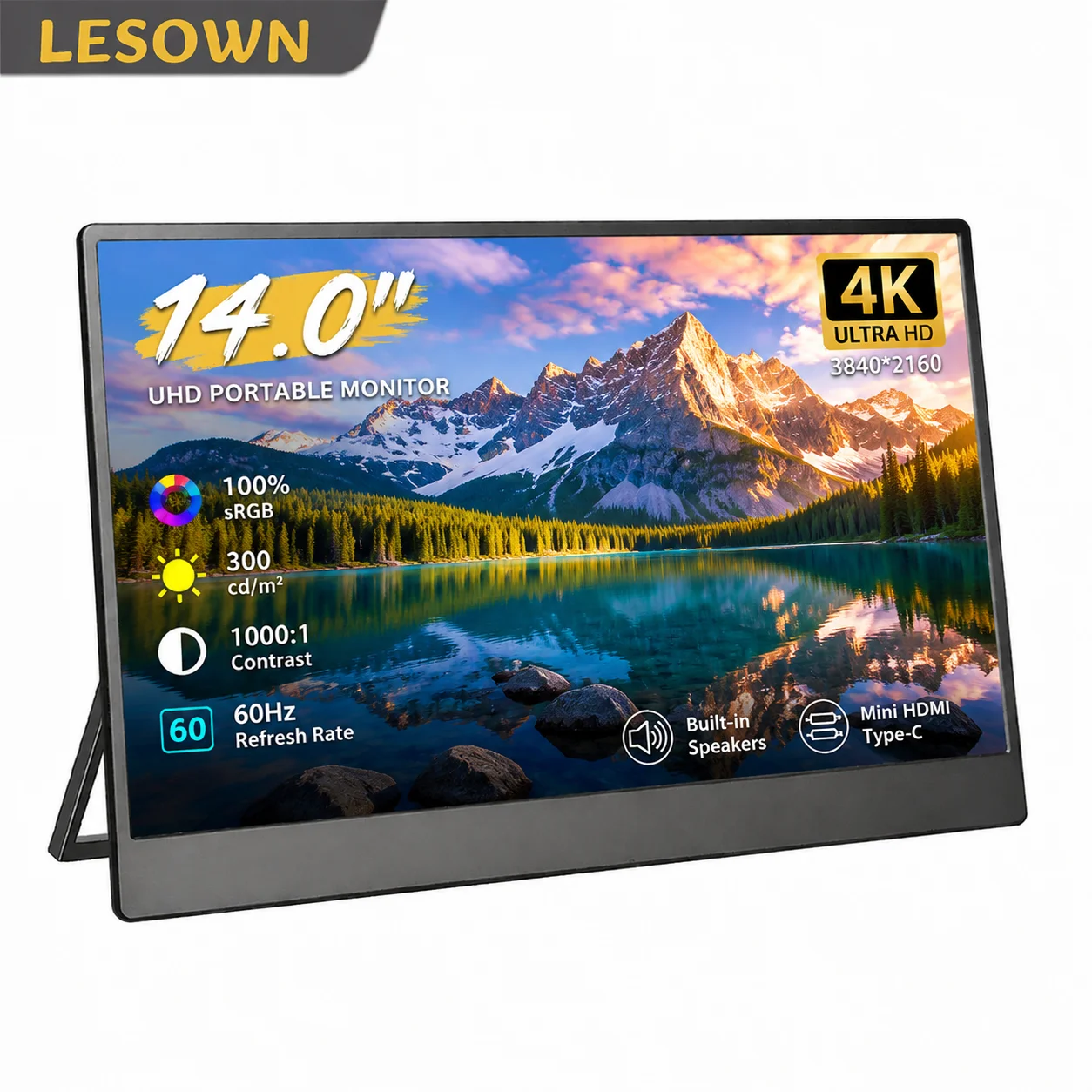 

LESOWN 14 Inch 4K UHD Driverless Portable Monitor Built-in Stand Speakers VESA mini HDTV Plug&Play Travel Screen PC Mac Laptop