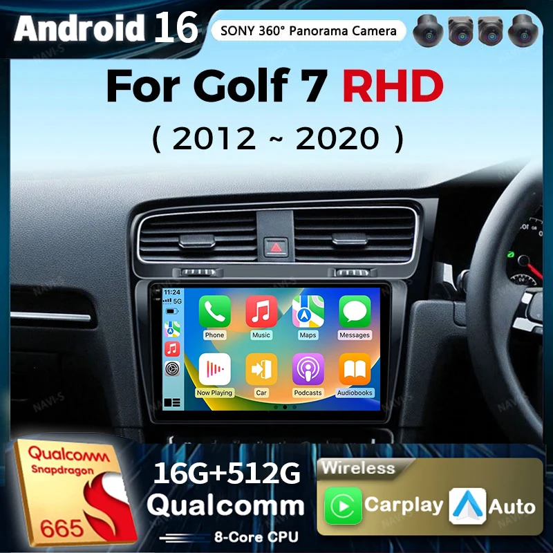 Android 16 Car Radio For Volkswagen VW Golf 7 MK7 GTI 2012-2021 Right Hand Drive RHD Carplay Android Auto Stereo Video Player BT