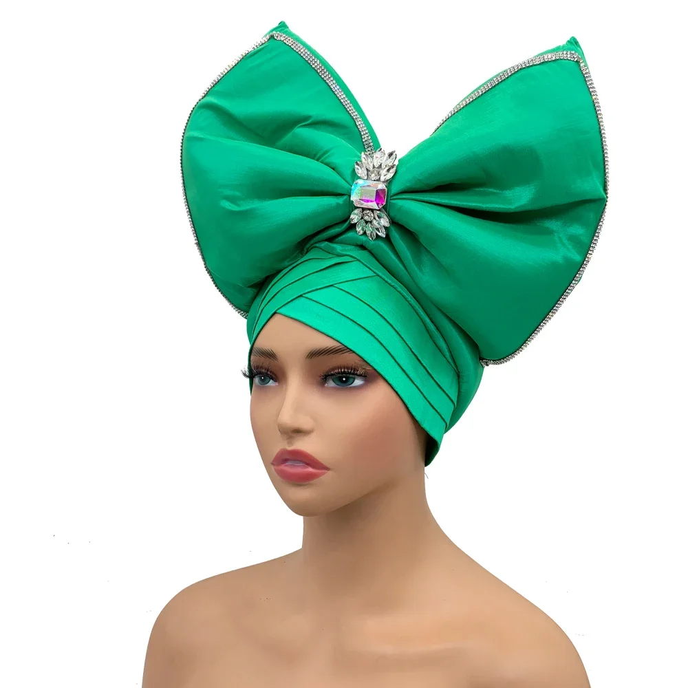 Grote Strik Tulband Caps Voor Vrouwen Luxe Strass Hoofddeksel Afrikaanse Auto Gele Headtie Hoofd Wraps Nigeriaanse Feest Hoofddeksels Hoed