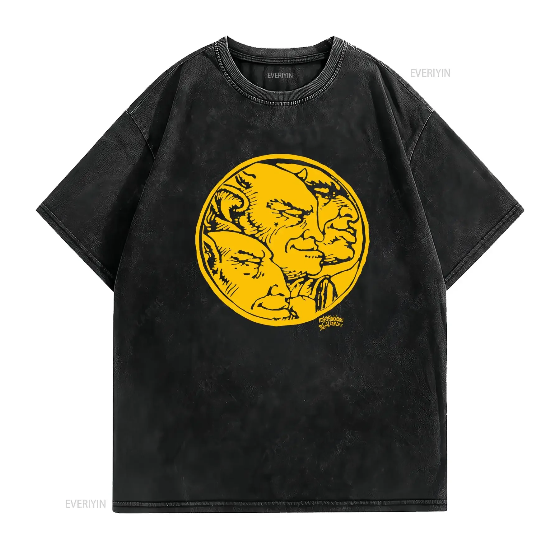 Streetwear Line Art Golden Three Headed Elephant Round Badge Casual T Shirt vintage Washed Versatile Breathable Soft