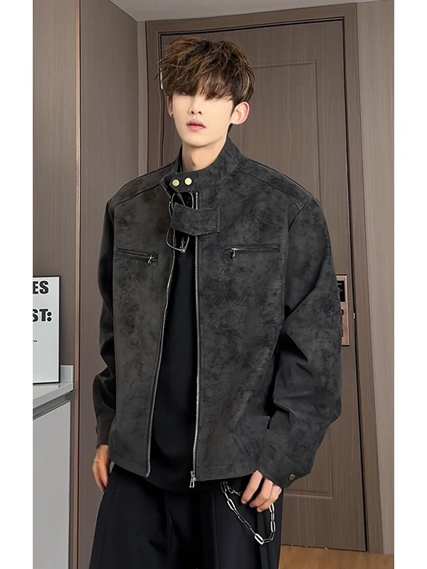 

Retro American Suede Jaet Men's Versatile ort Sle Stand Collar Patchwork oulder Pad Leather Outerwear for Casual Use