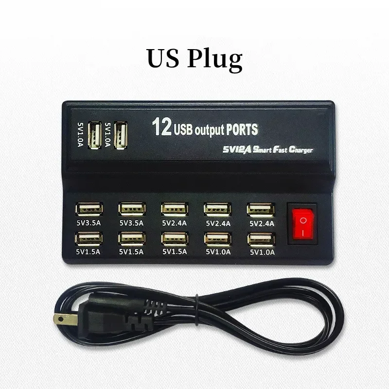 Smart 12 Ports 5V 3.5A 12A USB Power Fast Charge Station For IPhone 13Plus/IPad/Samsung/Huawei EU US Plug Adapter Charger Socket