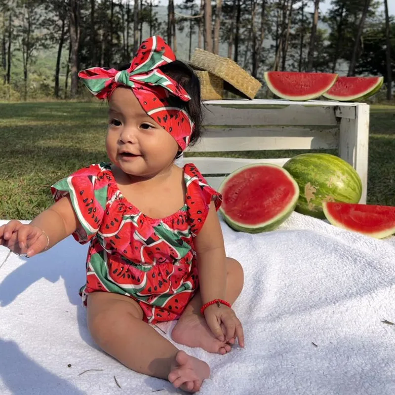 Baby Mädchen Rosa Wassermelonen-Print Strampler Säugling Rüschen-Body mit Stirnband Neugeborenen Rotes Wassermelonen-Karnevalskostüm – Detail 20