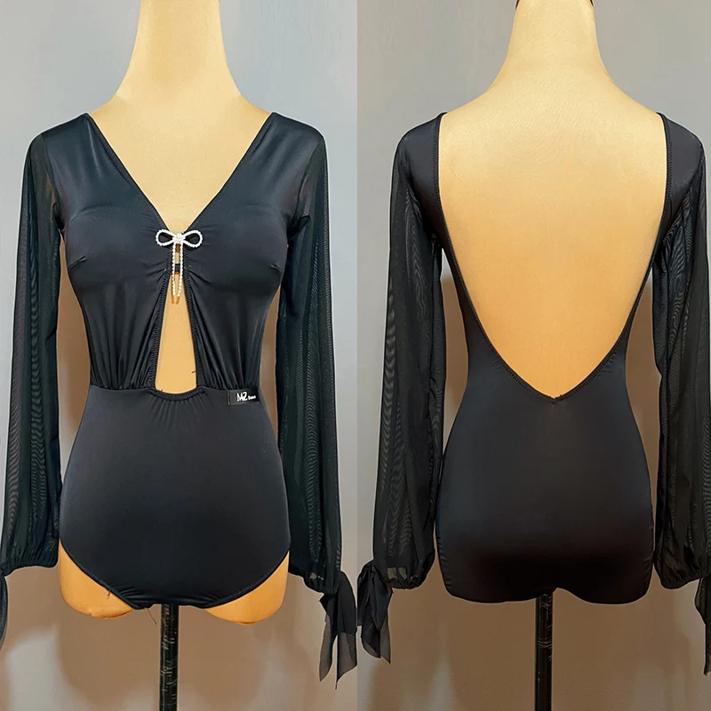 

Adult Women Latin Dance Clothes Black Long Sleeve Backless Bodysuit ChaCha Performance Costume Tango Practice Wear DL10654