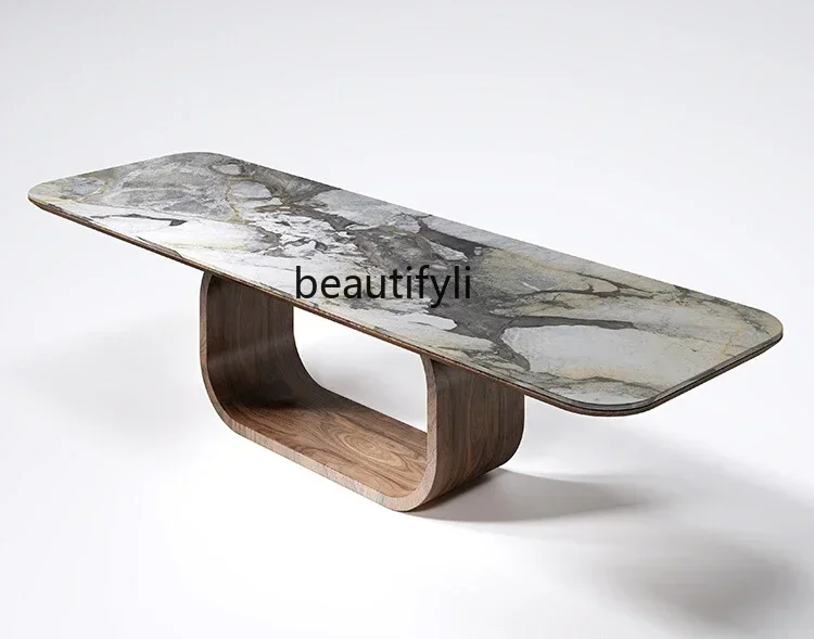 

Q Natural marble dining table rectangular modern simple light luxury retro walnut color creative designer