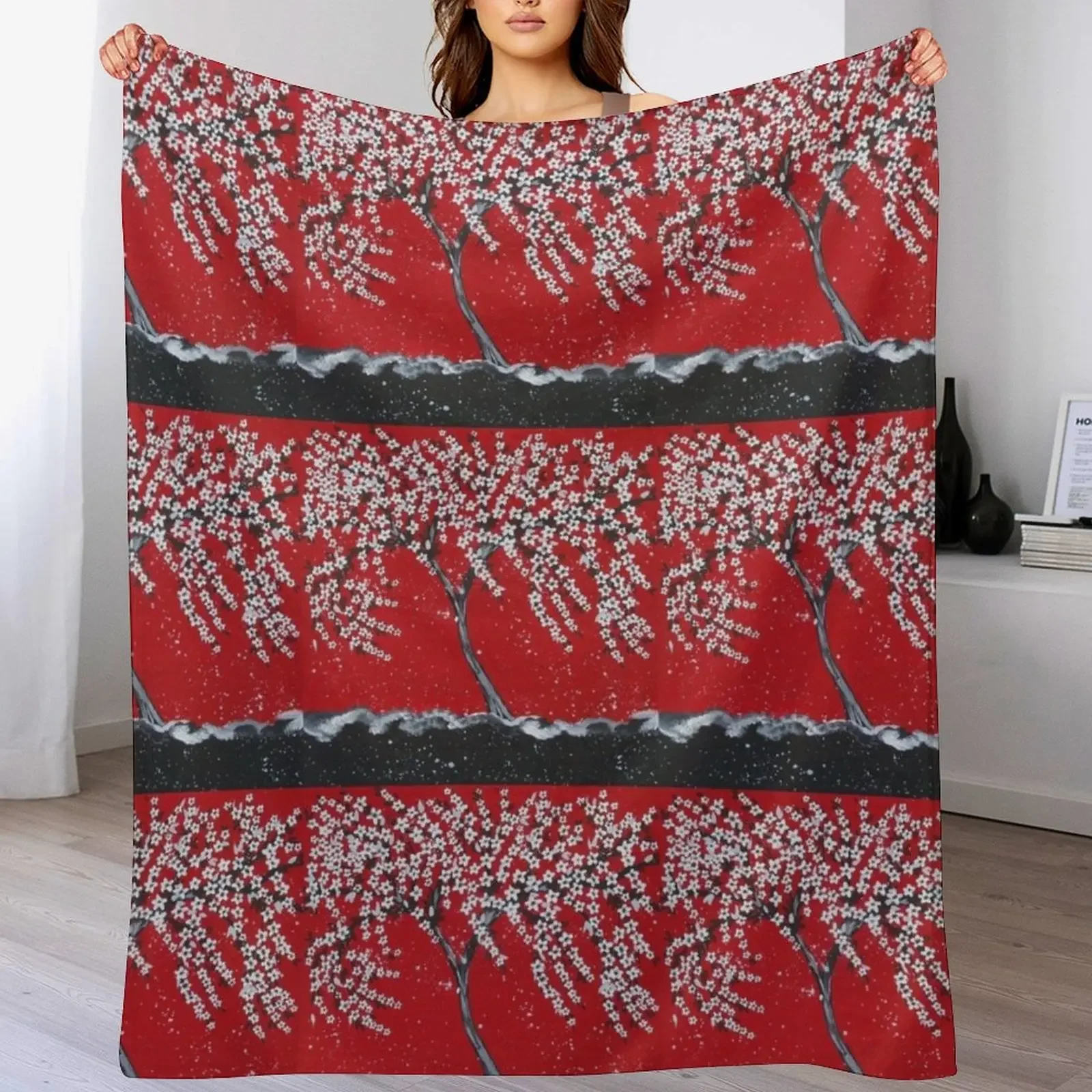 

White Sakura- in Red and Black with Grey and White Throw Blanket halloween Comforter Moving Thins Blankets