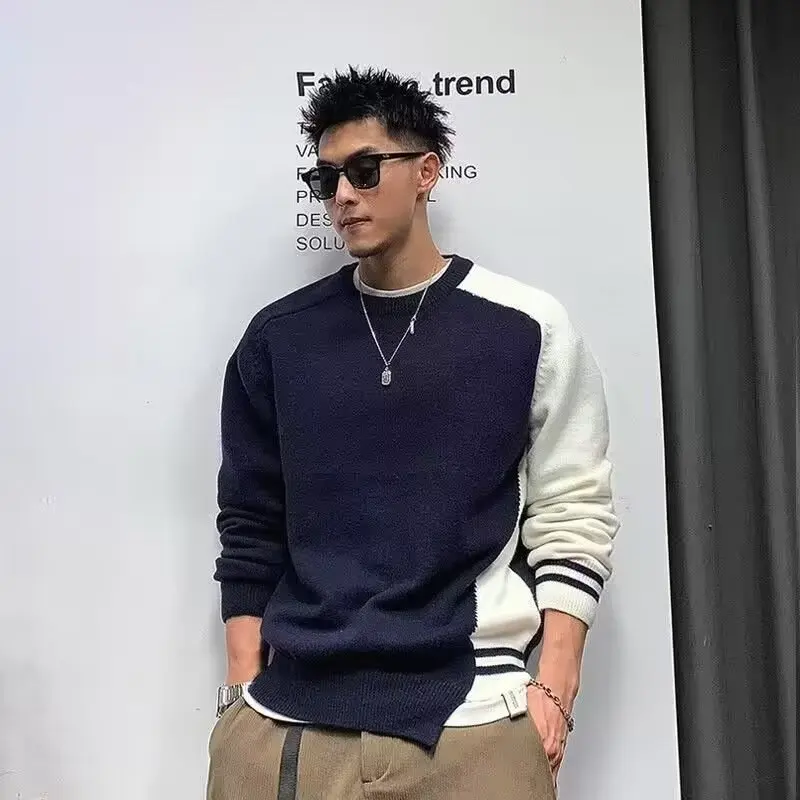 Autumn Winter Thick Patchwork Knit Sweater Men's Korean Loose Casual Outerwear