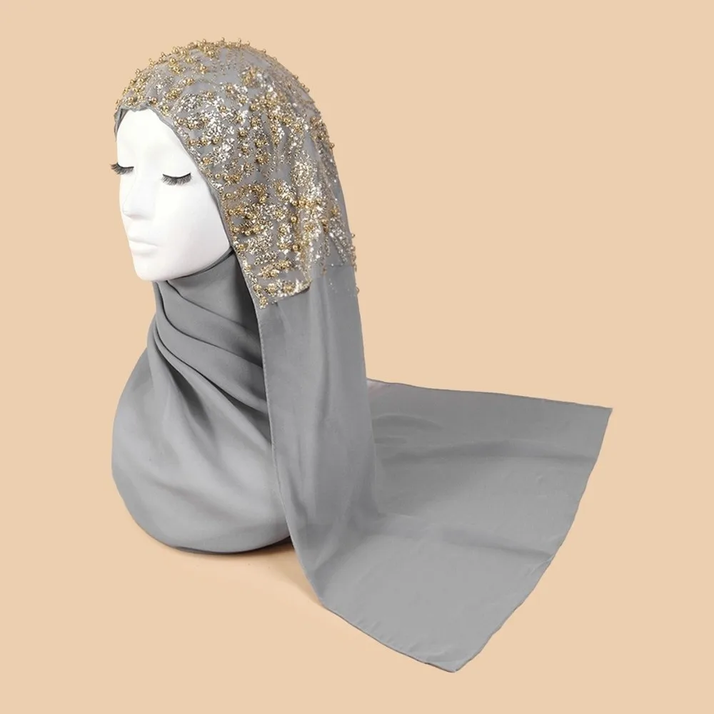 Fashion Silk Pearl Chiffon Hijab Scarf Gold Beads Embroidery Women Headscarf Ethnic Style All-march Islamic Turban Eid al-Fitr