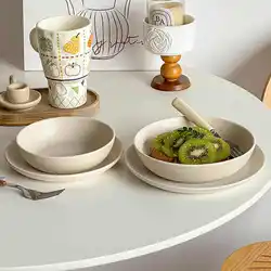 Beige Ceramic Fruit Salad Bowl Solid Colour Simple Deep Tray Home Spaghetti Plate Fruit Dish Tableware