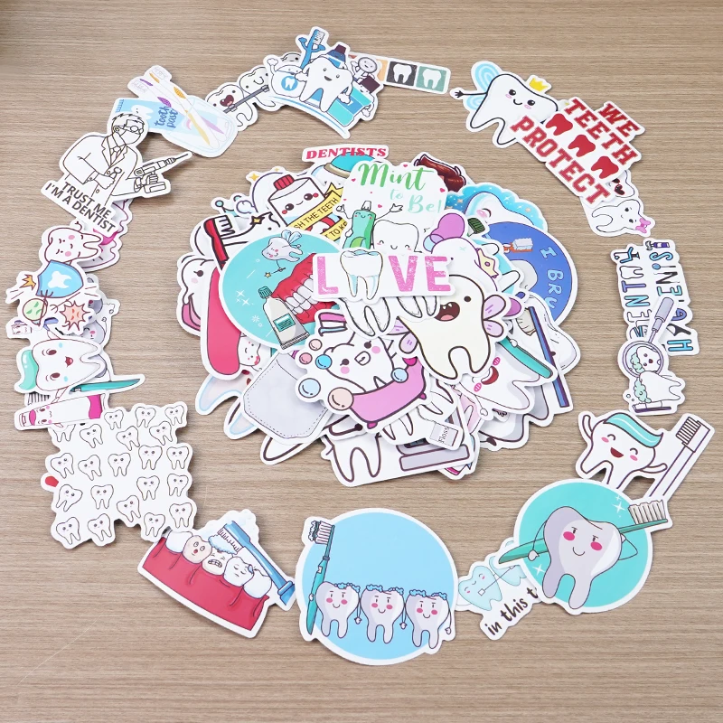 100pcs Tooth Shaped Stickers Cartoon Teeth Sticker Dentist Store TGraffiti Decals Waterproof Clinic Decoration