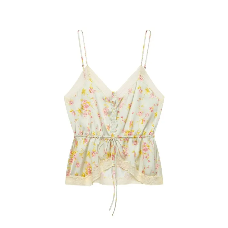 Women's Satin Top with Lace New 2026 Summer Casual V-neck Thin Straps Adjustable Waist with Tie Women Camisoles Female Chic Tops