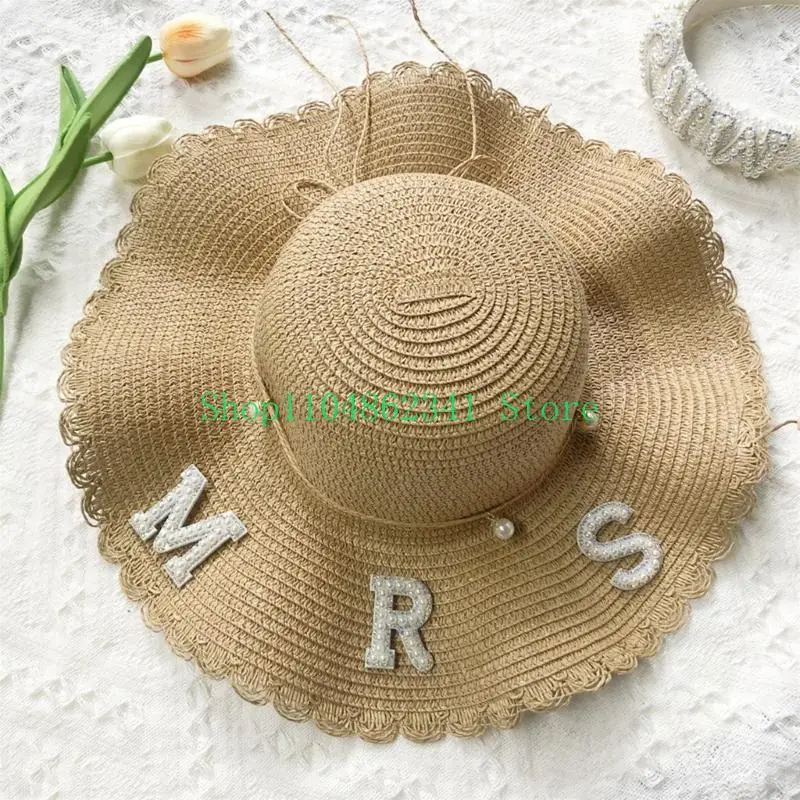 

652F Sunproof Straw Weaving Bride Hat with Pearl BRIDE/MRS Letter for Party Wear