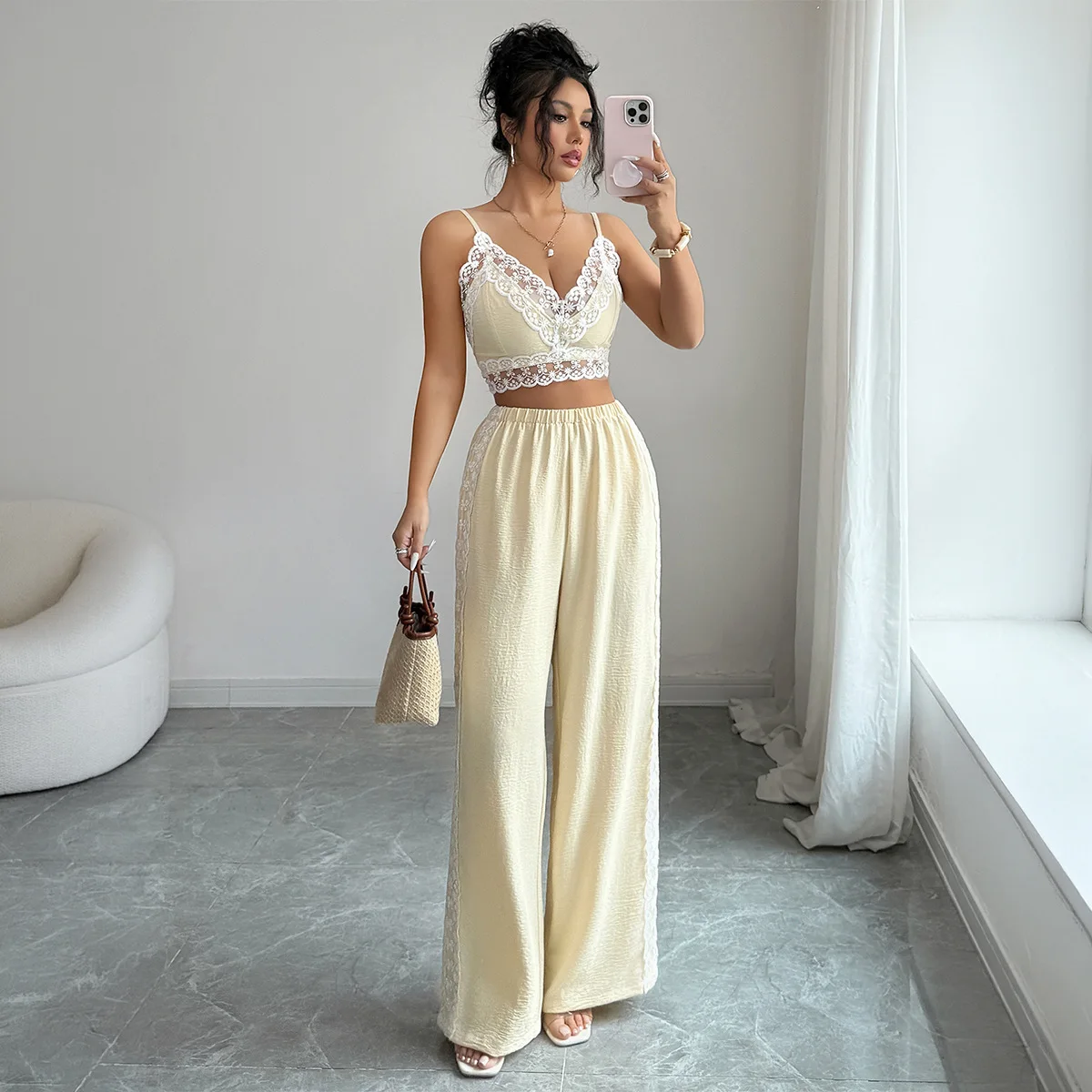 Casual Vacation Side Lace Patchwork Long Pants Suit Women's Clothing 2026 Spring/summer Summer Maxi Dress Party Boho Beach