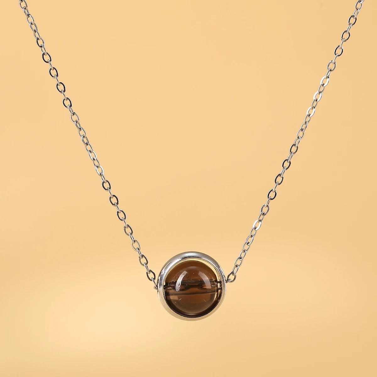 JD الحجر الطبيعي جمشت سموكي الكوارتز قلادة بها خرزات مستديرة قلادة المرأة موضة الفولاذ المقاوم للصدأ سلسلة المختنق مجوهرات هدية حفلة #3
